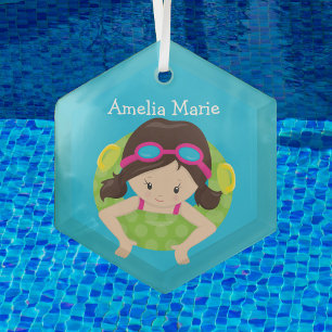 Swim Team Brunette Girl Cute Custom Christmas Glass Tree Decoration