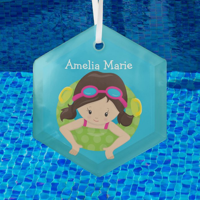 Swim Team Brunette Girl Cute Custom Christmas Glass Tree Decoration (Creator Uploaded)
