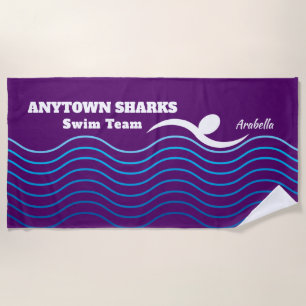 Swimmer and Water Waves   Purple Swim Team Beach Towel