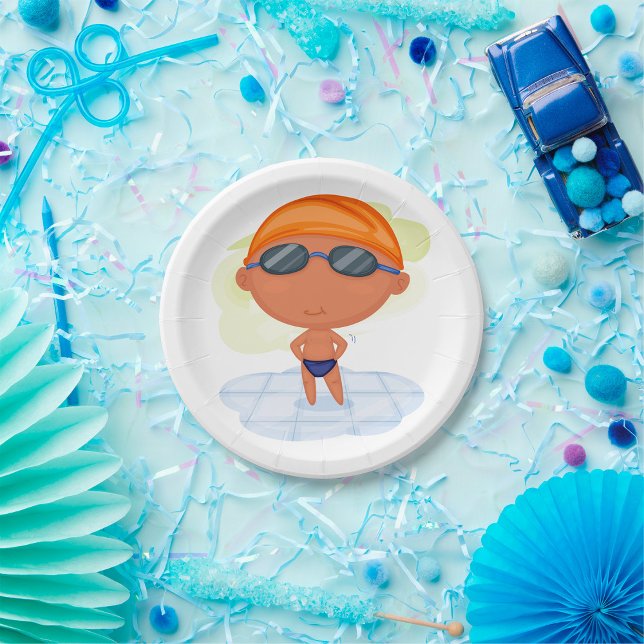 Swimmer Boy in Goggles and Swim Cap Paper Plate (Creator Uploaded)