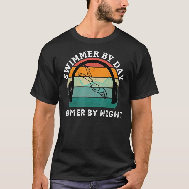 Swimmer By Day Gamer By Night Swimming Game Lover  T-Shirt (Front)