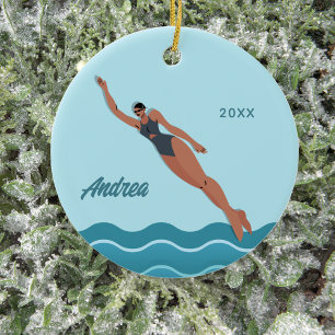 Swimmer Girl Custom Swimming Name & Year Ceramic Ornament