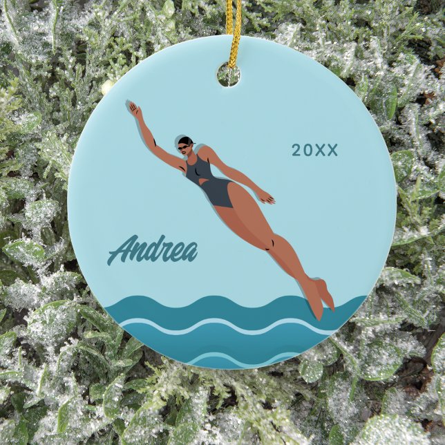 Swimmer Girl Custom Swimming Name & Year Ceramic Ornament (Creator Uploaded)