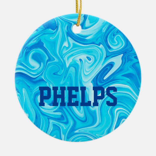 Swimmer NAME Water Art Blue Swimming Fun Cool Ceramic Ornament (Front)