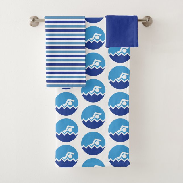 Swimmer pictogram icon, blue stripes swimming bath towel set (Insitu)