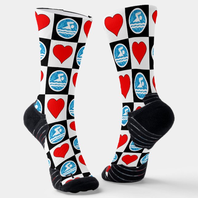 Swimmer Swimming and Diving Hearts and Swim Icon Socks (Angled)
