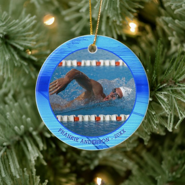 Swimmer Swimming Photo Personalised Keepsake Ceramic Ornament (Tree)