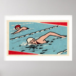 Swimmers Pool Blue Red White Vintage Matchbox Poster