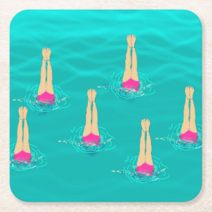 Swimmers Synchro Swimming Under Water Square Paper Coaster