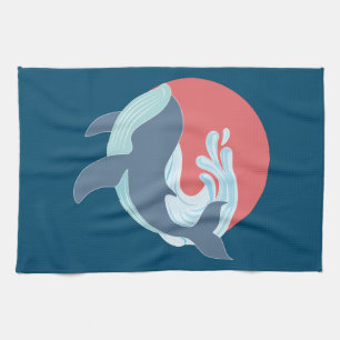 swimming blue whale tea towel