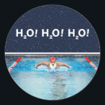 Swimming Christmas Classic Round Sticker<br><div class="desc">Funny Swimming Christmas holiday gift stickers,  party favour labels and envelope seals for lap swimmer,  lifeguard or swim team coach featuring Santa Claus design and funny H2O line.</div>