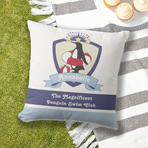 Swimming Club Crest Cute Cartoon Penguin Kids Cushion