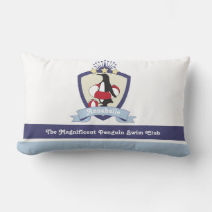 Swimming Club Crest Cute Penguin Kids Name Lumbar Cushion