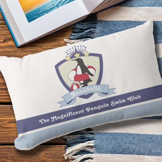 Swimming Club Crest Penguin Kids Outdoor Lumbar Cushion (Creator Uploaded)