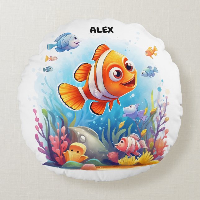 SWIMMING COLORFUL FISHES FOR KIDS ROUND CUSHION (Front)