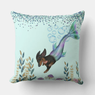 Swimming Dachshund Mermaid Tail Throw Pillow