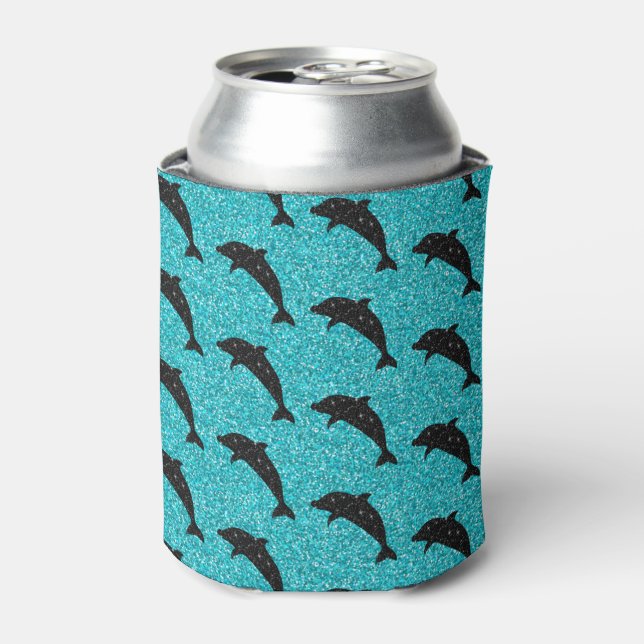 Swimming Dolphin Black Glitter Ocean Animals Can Cooler (Can Front)