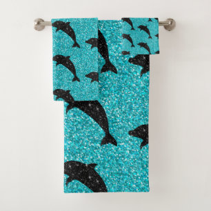 Swimming Dolphin Black Glitter Ocean Animals L Bath Towel Set