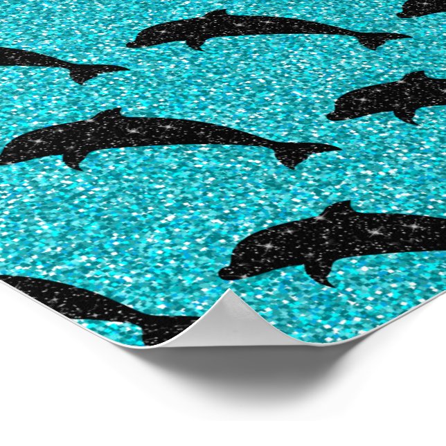 Swimming Dolphin Black Glitter Ocean Animals Poster (Corner)