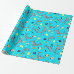 Swimming Dolphins and Colorful Fish Sea Blue Wrapping Paper