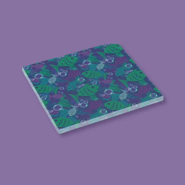 Swimming Fish and Bubbles Vibrant Reef Pattern Glass Coaster (Creator Uploaded)