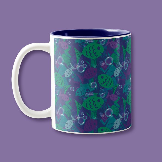 Swimming Fish and Bubbles Vibrant Reef Pattern Two-Tone Coffee Mug (Creator Uploaded)