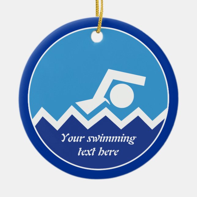 Swimming gifts, swimmer on a blue circle custom ceramic ornament (Front)