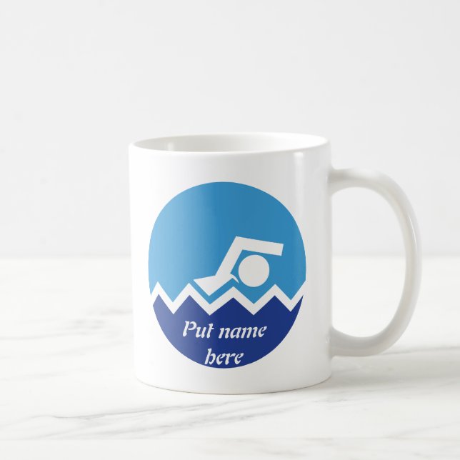 Swimming gifts, swimmer on a blue circle custom coffee mug (Right)
