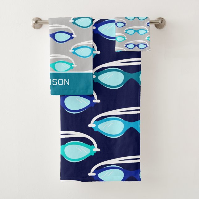 Swimming Goggles Patterned Modern Blue Bath Towel Set (Insitu)