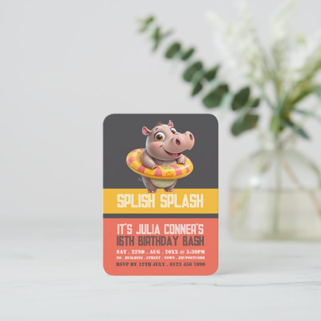 Swimming Hippo Pool Party Birthday Handout Tickets (Standing Front)