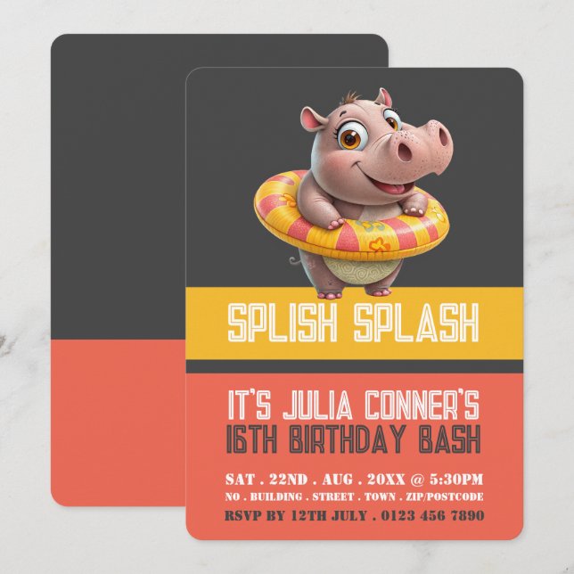 Swimming Hippo, Pool Party Birthday  Invitation (Front/Back)