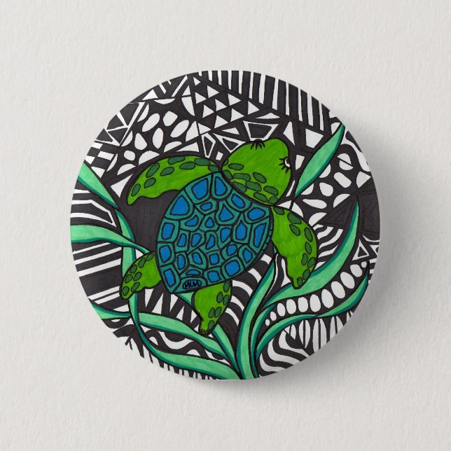 Swimming Honu sea turtle with seaweed Button (Front)
