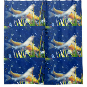 swimming koi on blue shower curtain