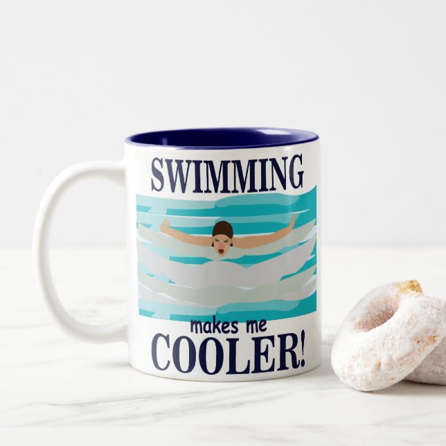 Swimming Makes Me Cooler Swimmer Swimming  Two-Tone Coffee Mug (With Donut)