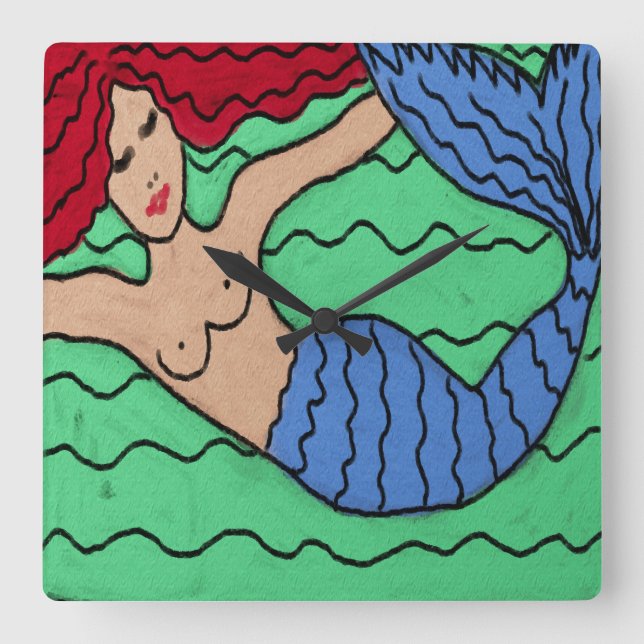 Swimming Mermaid Abstract Painting Square Wall Clo Square Wall Clock (Front)