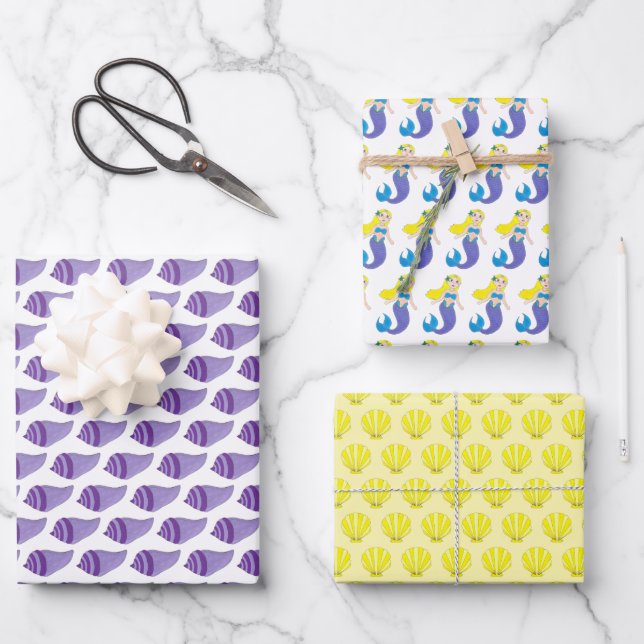 Swimming Mermaid Girl Beach Ocean Sea Shells Wrapping Paper Sheet (Front)