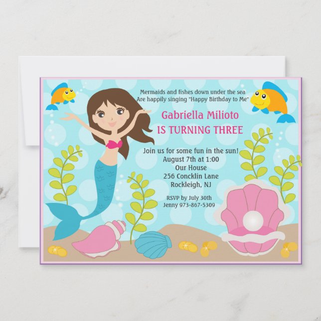 Swimming Mermaid Girl's Birthday Invite (Front)