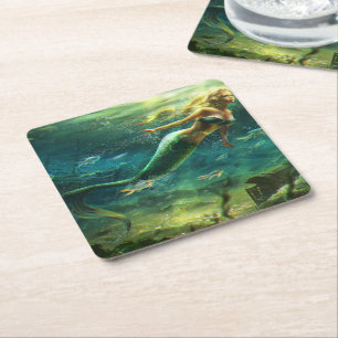 swimming mermaid square paper coaster