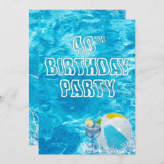 Swimming Pool 40th Birthday Party Invite (Front/Back)