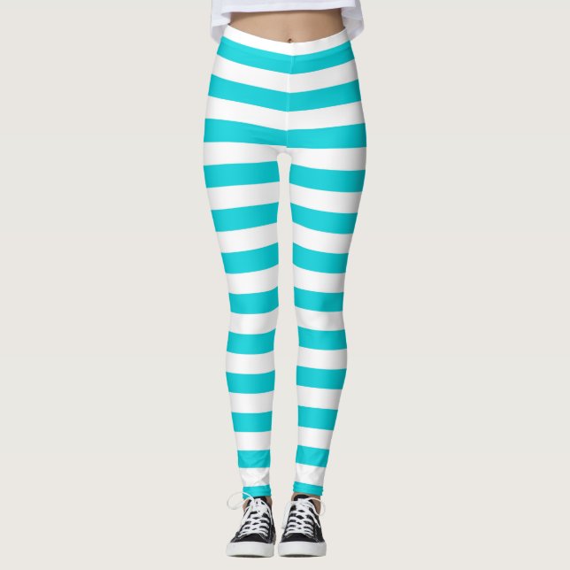 Swimming Pool Blue and White Stripes Leggings (Front)