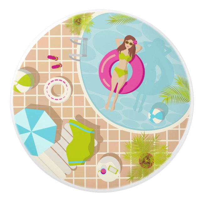 Swimming pool girl in bikini summer beach ceramic knob (Front)