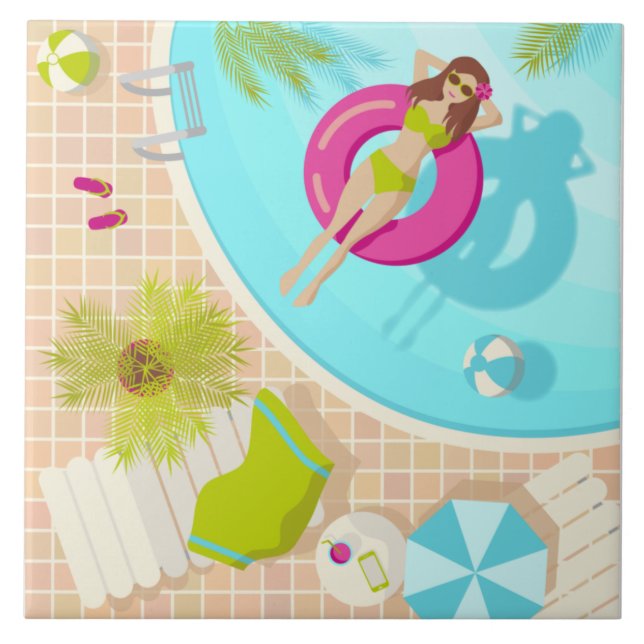 Swimming pool girl in bikini summer beach  ceramic tile (Front)