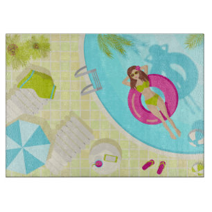 Swimming pool girl in bikini summer beach cutting board