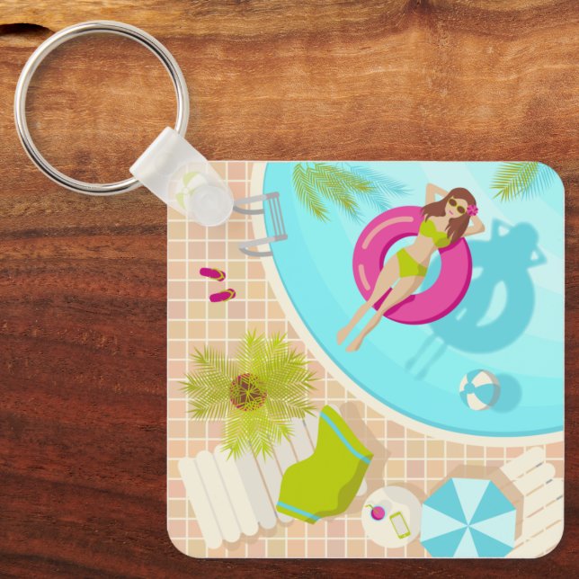 Swimming pool girl in bikini summer beach  key ring (Front)