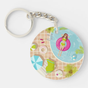 Swimming pool girl in bikini summer beach keychain