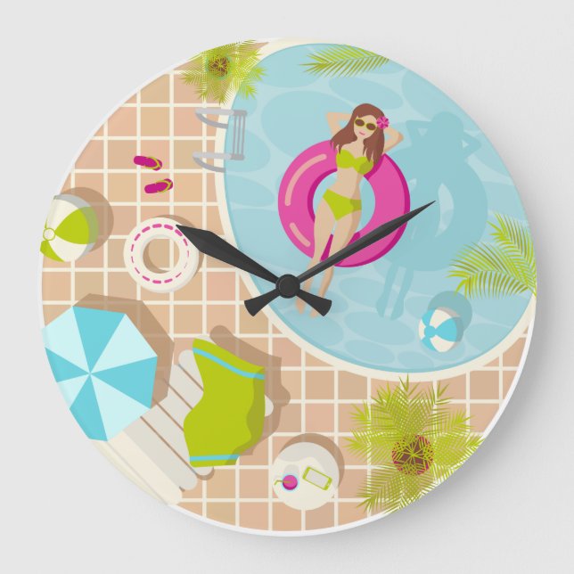 Swimming pool girl in bikini summer beach  large clock (Front)