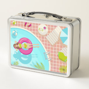 Swimming pool girl in bikini summer beach metal lunch box
