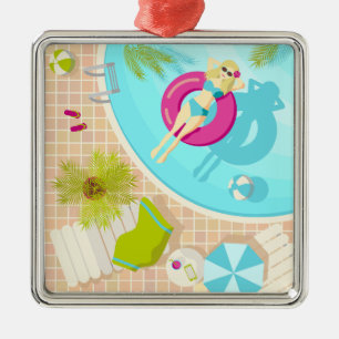 Swimming pool girl in bikini summer beach metal ornament