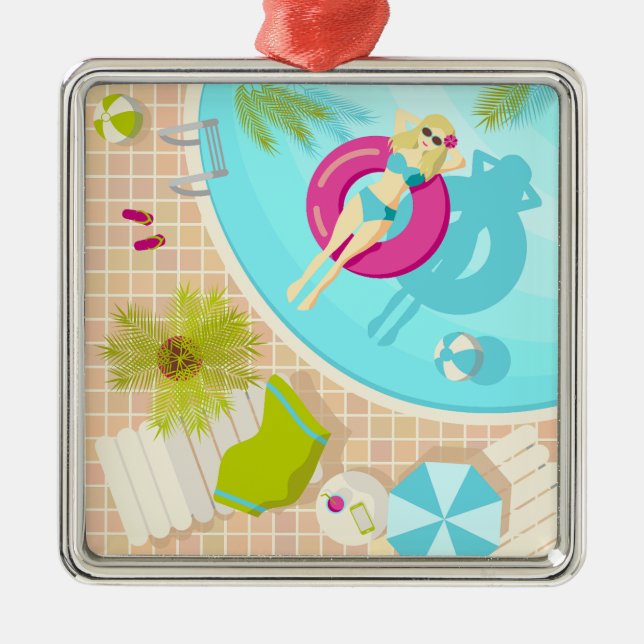 Swimming pool girl in bikini summer beach  metal ornament (Front)