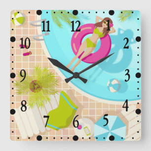 Swimming pool girl in bikini summer beach  square wall clock